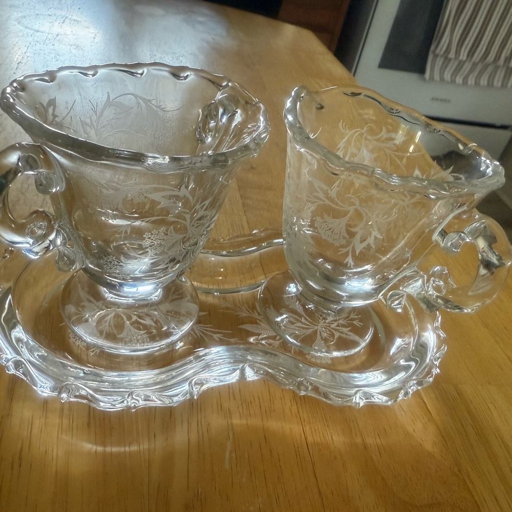 Intricate Floral Glass Creamer and Sugar Set